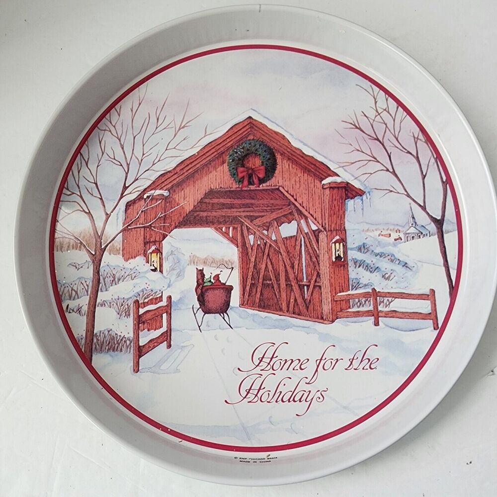 SNP Holiday Tin Tray Home For The Holidays with Red Bridge & Sleigh 11.5 In READ